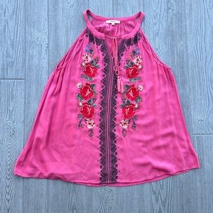 Andree by Unit Embroidered Multicolor Floral Coral Pink Sleeveless Top Medium